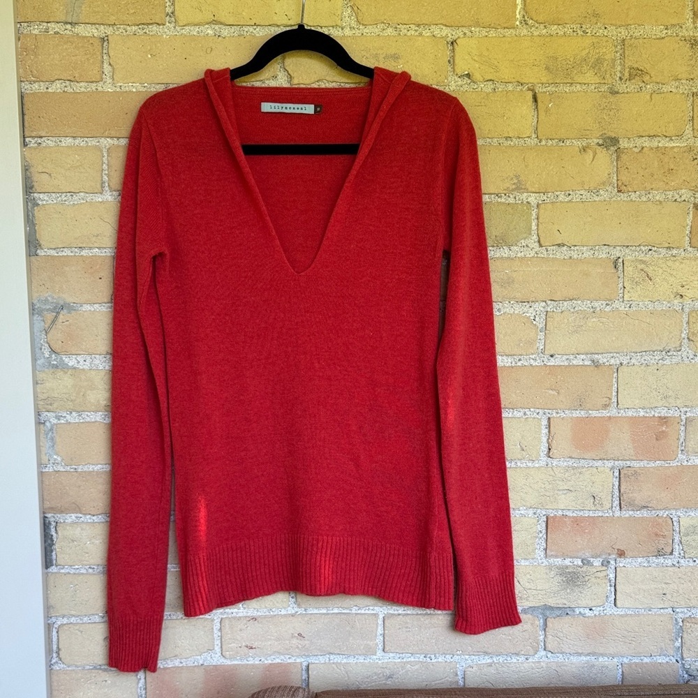 Lily McNeil Coral Red V-Neck Sweater with a Hood